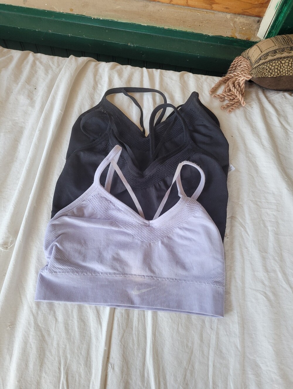 3 Nike Seamless Strappy Bralettes - Black & Light Lavender. Size M.
